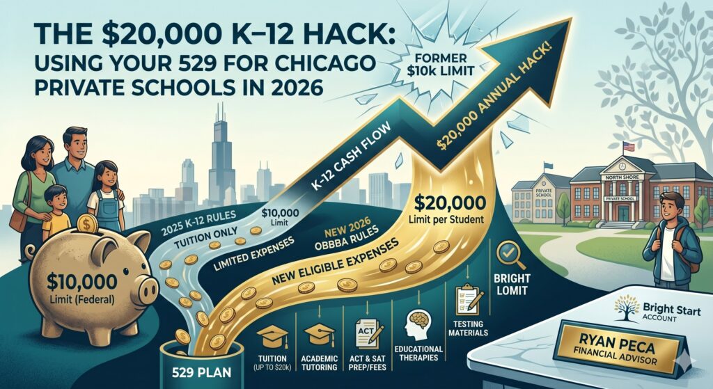 Financial chart titled "The $20,000 K-12 Hack," showing a cash flow arrow breaking through the old $10,000 federal limit to the new $20,000 limit per student for 2026. Icons illustrate new eligible expenses like ACT/SAT prep and educational therapies.