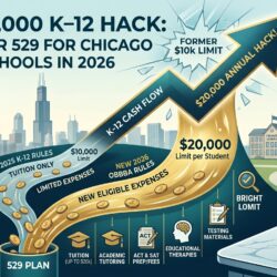 Financial chart titled "The $20,000 K-12 Hack," showing a cash flow arrow breaking through the old $10,000 federal limit to the new $20,000 limit per student for 2026. Icons illustrate new eligible expenses like ACT/SAT prep and educational therapies.