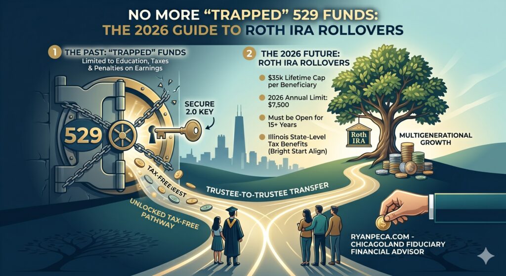 A financial illustration showing the process of unlocking 529 funds for a Roth IRA rollover in 2026. A locked safe labeled "529: Limited to Education" is being opened with a key. The funds flow tax-free to a thriving Roth IRA tree. Callout text highlights the $35,000 lifetime cap, the 15-year account requirement, and a Chicago skyline backdrop, branded ryanpeca.com.