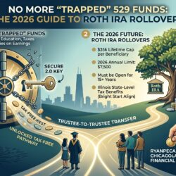 A financial illustration showing the process of unlocking 529 funds for a Roth IRA rollover in 2026. A locked safe labeled "529: Limited to Education" is being opened with a key. The funds flow tax-free to a thriving Roth IRA tree. Callout text highlights the $35,000 lifetime cap, the 15-year account requirement, and a Chicago skyline backdrop, branded ryanpeca.com.