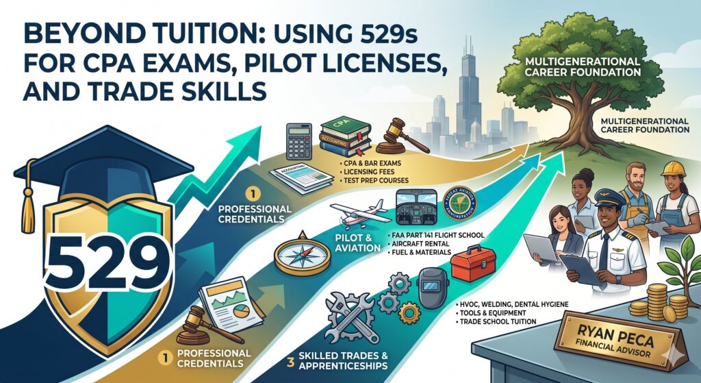 A collage showing a student in a graduation cap, a pilot in a cockpit, and a technician with tools, all connected to a 529 savings plan icon.