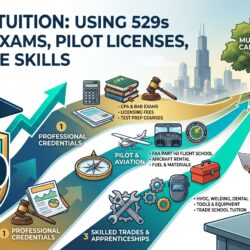 A collage showing a student in a graduation cap, a pilot in a cockpit, and a technician with tools, all connected to a 529 savings plan icon.