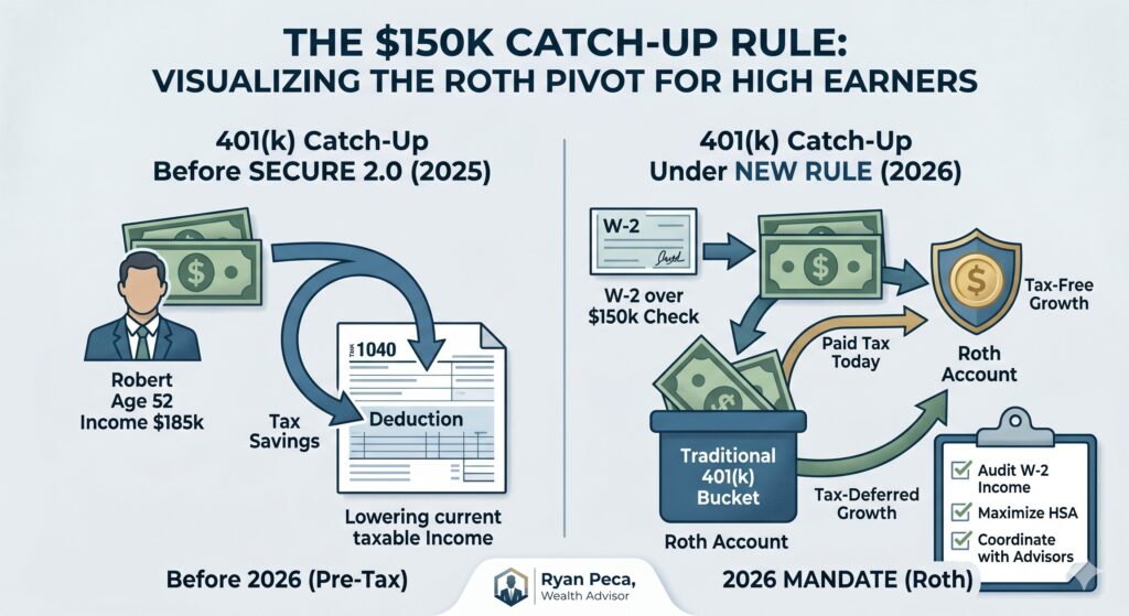 An infographic designed for a financial advisor blog, illustrating the shift in 401(k) catch-up contributions for high earners under the SECURE 2.0 Act in 2026. The image features a clean vector style in shades of blue and green with gold accents. The left side, labeled 'Before 2026: Pre-Tax Advantage,' uses a simple diagram to show catch-up contributions flowing directly to a deduction on a 1040 tax form, representing immediate tax savings for a professional over age 50. The right side, labeled '2026 MANDATE: The Roth Pivot (W-2 over $150k),' shows a distinct change. After a FICA wage check verifies the $150,000 threshold, the catch-up contributions are routed into a separate 'Roth 401(k) Bucket' rather than the main pre-tax 401(k) account. Arrows emphasize 'Tax-Free Growth' within the Roth account. A side-by-side table compares the 2025 and 2026 contribution limits, clearly identifying the 'Mandatory Roth' requirement for catch-up contributions. The overall infographic title is 'The $150K Catch-Up Rule: How High Earners Must Adjust Their 401(k) Strategy.' A small, professional 'Ryan Peca, Wealth Advisor' credential is visible at the bottom.
