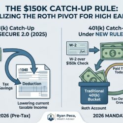 An infographic designed for a financial advisor blog, illustrating the shift in 401(k) catch-up contributions for high earners under the SECURE 2.0 Act in 2026. The image features a clean vector style in shades of blue and green with gold accents. The left side, labeled 'Before 2026: Pre-Tax Advantage,' uses a simple diagram to show catch-up contributions flowing directly to a deduction on a 1040 tax form, representing immediate tax savings for a professional over age 50. The right side, labeled '2026 MANDATE: The Roth Pivot (W-2 over $150k),' shows a distinct change. After a FICA wage check verifies the $150,000 threshold, the catch-up contributions are routed into a separate 'Roth 401(k) Bucket' rather than the main pre-tax 401(k) account. Arrows emphasize 'Tax-Free Growth' within the Roth account. A side-by-side table compares the 2025 and 2026 contribution limits, clearly identifying the 'Mandatory Roth' requirement for catch-up contributions. The overall infographic title is 'The $150K Catch-Up Rule: How High Earners Must Adjust Their 401(k) Strategy.' A small, professional 'Ryan Peca, Wealth Advisor' credential is visible at the bottom.