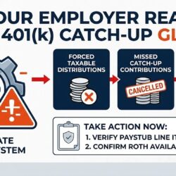 A clean, high-impact vector infographic explaining corporate payroll system failures related to the 2026 SECURE 2.0 401(k) catch-up rules. The image uses a professional dark blue, white, and alert-orange color palette. On the left, a digital cog icon representing corporate payroll systems is shown jamming or displaying a warning symbol. Red arrows point to three clear, bold outcomes labeled: '1. Forced Taxable Distributions,' '2. Missed Catch-Up Contributions,' and '3. Unexpected Tax Bills.' At the bottom, a clean checklist contains two items: 'Verify paystub line items' and 'Confirm Roth availability with HR.' A minimalist 'Ryan Peca, Wealth Advisor' professional badge sits discreetly in the footer.