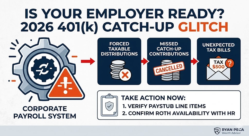 A clean, high-impact vector infographic explaining corporate payroll system failures related to the 2026 SECURE 2.0 401(k) catch-up rules. The image uses a professional dark blue, white, and alert-orange color palette. On the left, a digital cog icon representing corporate payroll systems is shown jamming or displaying a warning symbol. Red arrows point to three clear, bold outcomes labeled: '1. Forced Taxable Distributions,' '2. Missed Catch-Up Contributions,' and '3. Unexpected Tax Bills.' At the bottom, a clean checklist contains two items: 'Verify paystub line items' and 'Confirm Roth availability with HR.' A minimalist 'Ryan Peca, Wealth Advisor' professional badge sits discreetly in the footer.