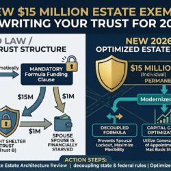 An educational estate planning infographic split horizontally into two main comparison sections under the primary header "THE NEW $15 MILLION ESTATE EXEMPTION: REWRITING YOUR TRUST FOR 2026." The entire graphic uses a professional navy blue, charcoal gray, gold, and teal color palette with the "Ryan Peca, Wealth Advisor" logo branding anchored in the bottom right corner.