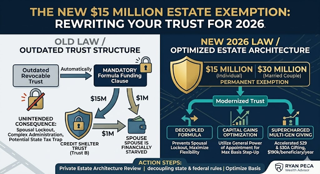 An educational estate planning infographic split horizontally into two main comparison sections under the primary header "THE NEW $15 MILLION ESTATE EXEMPTION: REWRITING YOUR TRUST FOR 2026." The entire graphic uses a professional navy blue, charcoal gray, gold, and teal color palette with the "Ryan Peca, Wealth Advisor" logo branding anchored in the bottom right corner.