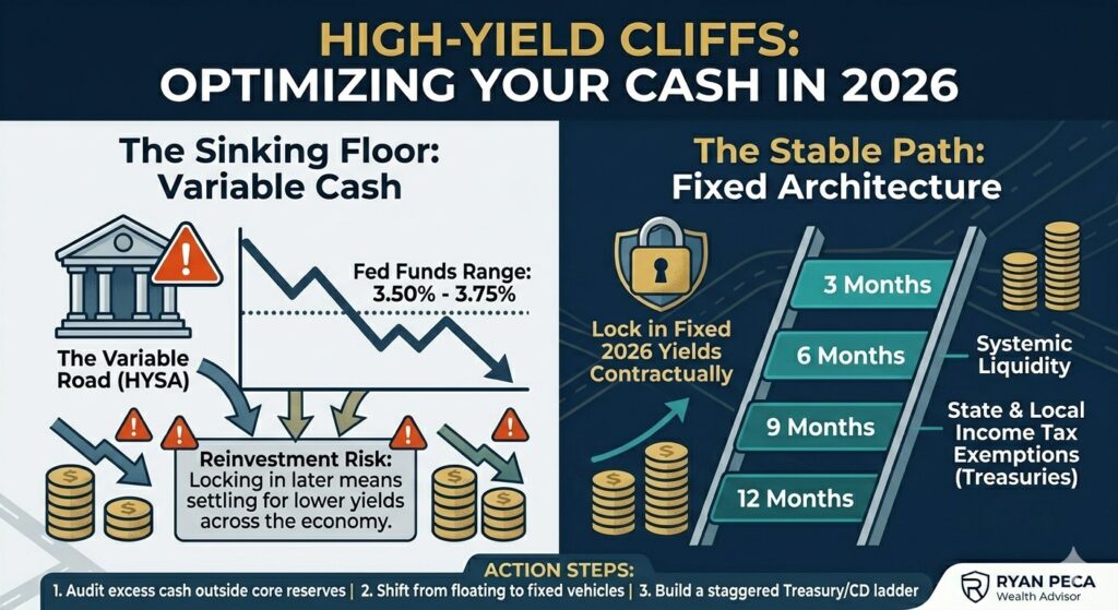 A modern, horizontal educational infographic styled for a wealth management brand titled "HIGH-YIELD CLIFFS: OPTIMIZING YOUR CASH IN 2026." The graphic is split into two visual paths using a crisp dark blue, white, and teal color palette with the "Ryan Peca, Wealth Advisor" logo anchored in the bottom right corner. The style is consistent with previous professional infographics. Left Column (The Sinking Floor: Variable Cash): Displays an icon of a traditional bank building under a warning sign labeled "The Variable Road (HYSA)." A stylized downward line graph illustrates yields dropping below a dotted line labeled "Fed Funds Range: 3.50% - 3.75%." Arrows point down to a hazard box explaining "Reinvestment Risk: Locking in later means settling for lower yields across the economy." Includes small warning icons and declining coin stack illustrations. Right Column (The Stable Path: Fixed Architecture): Displays a series of four stacked, horizontal teal bars arranged cleanly like steps on a ladder. Each step is clearly labeled with maturities: "3 Months," "6 Months," "9 Months," and "12 Months." A golden lock emblem icon overlays the ladder with the text "Lock in Fixed 2026 Yields Contractually." Key advantages are highlighted alongside the ladder: "Systemic Liquidity" and "State & Local Income Tax Exemptions (Treasuries)." Includes solid and growing coin stack illustrations. Footer Banner (Action Steps): A unified banner runs across the bottom featuring three actionable items: "1. Audit excess cash outside core reserves | 2. Shift from floating to fixed vehicles | 3. Build a staggered Treasury/CD ladder."