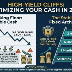 A modern, horizontal educational infographic styled for a wealth management brand titled "HIGH-YIELD CLIFFS: OPTIMIZING YOUR CASH IN 2026." The graphic is split into two visual paths using a crisp dark blue, white, and teal color palette with the "Ryan Peca, Wealth Advisor" logo anchored in the bottom right corner. The style is consistent with previous professional infographics. Left Column (The Sinking Floor: Variable Cash): Displays an icon of a traditional bank building under a warning sign labeled "The Variable Road (HYSA)." A stylized downward line graph illustrates yields dropping below a dotted line labeled "Fed Funds Range: 3.50% - 3.75%." Arrows point down to a hazard box explaining "Reinvestment Risk: Locking in later means settling for lower yields across the economy." Includes small warning icons and declining coin stack illustrations. Right Column (The Stable Path: Fixed Architecture): Displays a series of four stacked, horizontal teal bars arranged cleanly like steps on a ladder. Each step is clearly labeled with maturities: "3 Months," "6 Months," "9 Months," and "12 Months." A golden lock emblem icon overlays the ladder with the text "Lock in Fixed 2026 Yields Contractually." Key advantages are highlighted alongside the ladder: "Systemic Liquidity" and "State & Local Income Tax Exemptions (Treasuries)." Includes solid and growing coin stack illustrations. Footer Banner (Action Steps): A unified banner runs across the bottom featuring three actionable items: "1. Audit excess cash outside core reserves | 2. Shift from floating to fixed vehicles | 3. Build a staggered Treasury/CD ladder."