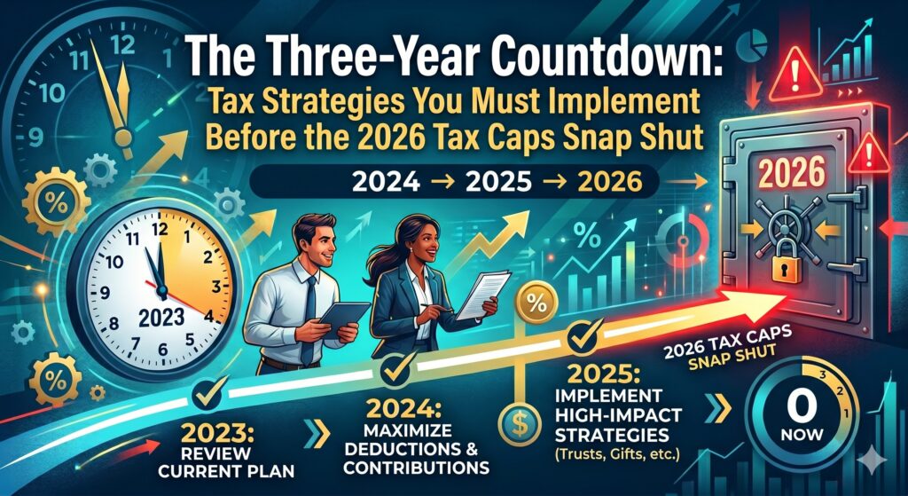 A professional, horizontal educational infographic styled for a wealth management firm titled "THE THREE-YEAR TAX COUNTDOWN: STRUCTURAL STRATEGIES." The design uses a clean navy blue, slate gray, gold, and white color scheme, featuring the "Ryan Peca, Wealth Advisor" logo in the bottom right corner. Left Section (The SALT Ticking Clock): Features a bold graphic of an hourglass next to a calendar icon marking "2030." A flow diagram illustrates the current expanded "SALT Deduction Cap of $40,400," with a warning note regarding the phase-out starting at $500,000 MAGI. An arrow points down dramatically to a red brick wall graphic labeled "2030 Deadline: Cap permanently drops back to $10,000." Right Section (New 3-Tiered Capital Gains): Displays a timeline block divided into three distinct golden steps representing holding period requirements for equity investments. Step 1 shows a 3-year timeline badge with the text "50% Tax Exclusion." Step 2 shows a 4-year timeline badge with "75% Tax Exclusion." Step 3 features a large golden key emblem over a 5-year timeline badge labeled "Maximum 100% Tax Exclusion." Center Accent: A separate call-out box highlights the new "Top-Bracket Haircut," outlining the 0.5% of income floor applied to itemized charitable contributions. Footer Banner (Action Steps): A unified banner runs along the bottom emphasizing three immediate steps: "1. Time state tax and pass-through payments before 2030 | 2. Structurally align equity liquidation with 5-year clocks | 3. Utilize DAFs to clear top-bracket itemized deduction floors."
