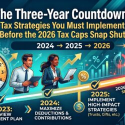 A professional, horizontal educational infographic styled for a wealth management firm titled "THE THREE-YEAR TAX COUNTDOWN: STRUCTURAL STRATEGIES." The design uses a clean navy blue, slate gray, gold, and white color scheme, featuring the "Ryan Peca, Wealth Advisor" logo in the bottom right corner. Left Section (The SALT Ticking Clock): Features a bold graphic of an hourglass next to a calendar icon marking "2030." A flow diagram illustrates the current expanded "SALT Deduction Cap of $40,400," with a warning note regarding the phase-out starting at $500,000 MAGI. An arrow points down dramatically to a red brick wall graphic labeled "2030 Deadline: Cap permanently drops back to $10,000." Right Section (New 3-Tiered Capital Gains): Displays a timeline block divided into three distinct golden steps representing holding period requirements for equity investments. Step 1 shows a 3-year timeline badge with the text "50% Tax Exclusion." Step 2 shows a 4-year timeline badge with "75% Tax Exclusion." Step 3 features a large golden key emblem over a 5-year timeline badge labeled "Maximum 100% Tax Exclusion." Center Accent: A separate call-out box highlights the new "Top-Bracket Haircut," outlining the 0.5% of income floor applied to itemized charitable contributions. Footer Banner (Action Steps): A unified banner runs along the bottom emphasizing three immediate steps: "1. Time state tax and pass-through payments before 2030 | 2. Structurally align equity liquidation with 5-year clocks | 3. Utilize DAFs to clear top-bracket itemized deduction floors."