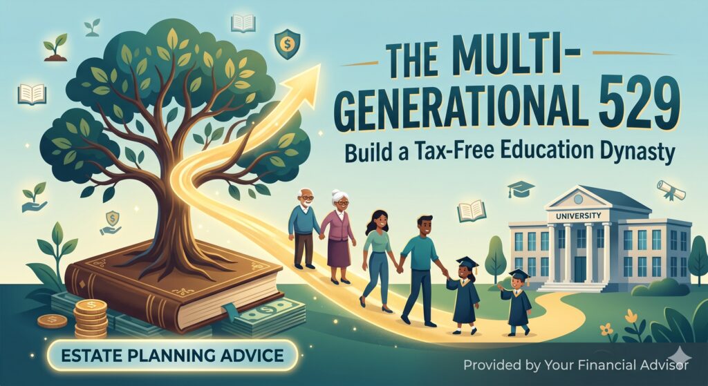 A professional blog graphic illustration for a financial advisor, featuring a family tree with extensive roots anchored in a large antique book of money, symbolizing long-term wealth. A golden light path ascends toward a university building, with diverse generations of a family—grandparents, parents, and children in graduation caps—walking along the path, representing educational legacy. To the right, bold text reads: 'THE MULTI-GENERATIONAL 529: Build a Tax-Free Education Dynasty.' A subtle badge at the bottom states 'ESTATE PLANNING ADVICE'.