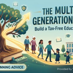 A professional blog graphic illustration for a financial advisor, featuring a family tree with extensive roots anchored in a large antique book of money, symbolizing long-term wealth. A golden light path ascends toward a university building, with diverse generations of a family—grandparents, parents, and children in graduation caps—walking along the path, representing educational legacy. To the right, bold text reads: 'THE MULTI-GENERATIONAL 529: Build a Tax-Free Education Dynasty.' A subtle badge at the bottom states 'ESTATE PLANNING ADVICE'.