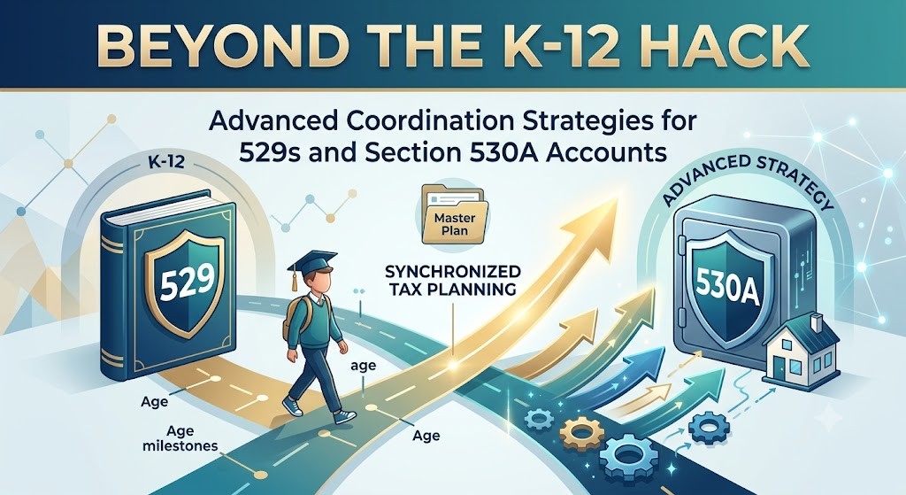 A professional digital illustration styled as a blog header graphic. The image is clean and bright, utilizing a modern, inviting color scheme of deep blues, teals, and soft golds. Large, stylized typography at the top reads: 'BEYOND THE K-12 HACK'. Below the title, main text reads: 'Advanced Coordination Strategies for 529s and Section 530A Accounts'. The graphic elements represent the transition and coordination of two financial structures over time. On the left side, an illustrated book with a prominent '529' shield sits under a 'K-12' arch, with a young student in a graduation cap starting a journey towards the center. On the right side, an illustrated vault with a prominent '530A' symbol and small house/business icon sits under an 'ADVANCED STRATEGY' arch. Both the 529 and 530A paths merge into a single, glowing golden upward-trending beam of light in the center, symbolizing 'SYNCHRONIZED TAX PLANNING'. Above the intersection is a small, subtle infographic icon of a 'Master Plan' folder. The entire image is balanced and inviting, conveying structured financial planning for the long term.
