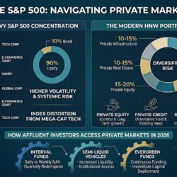 A sophisticated financial infographic designed for affluent investors, contrasting standard and modern portfolio strategies. The graphic features a professional blue, teal, and gold palette and is titled 'BEYOND THE S&P 500: NAVIGATING PRIVATE MARKETS IN 2026.' A left vertical panel titled 'THE OLD WORLD: HEAVY S&P 500 CONCENTRATION' visualizes index distortion with a large bar and circle chart showing heavy reliance on top tech holdings. The right vertical panel, 'THE MODERN HNW PORTFOLIO (2026 MODEL),' shows a balanced, multi-asset allocation across Private Equity, Private Credit, Real Estate, and Infrastructure. The bottom section, 'HOW AFFLUENT INVESTORS ACCESS PRIVATE MARKETS IN 2026,' outlines access points including Interval Funds, Semi-Liquid Vehicles, and Evergreen Funds, emphasizing enhanced income and risk mitigation.