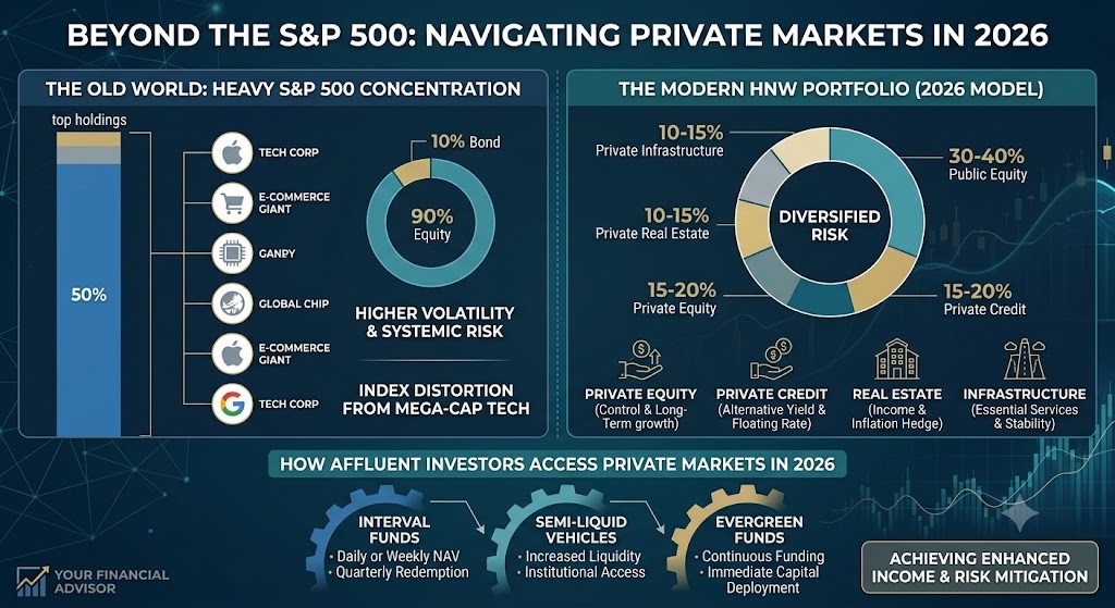 A sophisticated financial infographic designed for affluent investors, contrasting standard and modern portfolio strategies. The graphic features a professional blue, teal, and gold palette and is titled 'BEYOND THE S&P 500: NAVIGATING PRIVATE MARKETS IN 2026.' A left vertical panel titled 'THE OLD WORLD: HEAVY S&P 500 CONCENTRATION' visualizes index distortion with a large bar and circle chart showing heavy reliance on top tech holdings. The right vertical panel, 'THE MODERN HNW PORTFOLIO (2026 MODEL),' shows a balanced, multi-asset allocation across Private Equity, Private Credit, Real Estate, and Infrastructure. The bottom section, 'HOW AFFLUENT INVESTORS ACCESS PRIVATE MARKETS IN 2026,' outlines access points including Interval Funds, Semi-Liquid Vehicles, and Evergreen Funds, emphasizing enhanced income and risk mitigation.