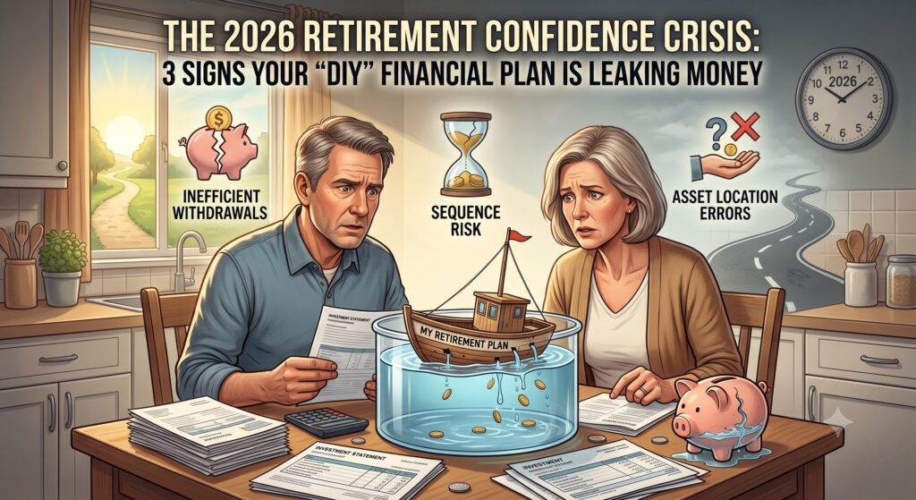 An illustration titled "The 2026 Retirement Confidence Crisis: 3 Signs Your DIY Financial Plan is Leaking Money," featuring a concerned couple at a kitchen table reviewing financial statements. On the table sits a clear bowl labelled "My Retirement Plan" holding a small wooden boat that is leaking coins into the water. Surrounding icons illustrate three key financial risks: "Inefficient Withdrawals" represented by a cracked piggy bank, "Sequence Risk" shown as an hourglass filling with coins, and "Asset Location Errors" depicted by a hand balancing coins with a question mark.