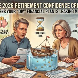 An illustration titled "The 2026 Retirement Confidence Crisis: 3 Signs Your DIY Financial Plan is Leaking Money," featuring a concerned couple at a kitchen table reviewing financial statements. On the table sits a clear bowl labelled "My Retirement Plan" holding a small wooden boat that is leaking coins into the water. Surrounding icons illustrate three key financial risks: "Inefficient Withdrawals" represented by a cracked piggy bank, "Sequence Risk" shown as an hourglass filling with coins, and "Asset Location Errors" depicted by a hand balancing coins with a question mark.